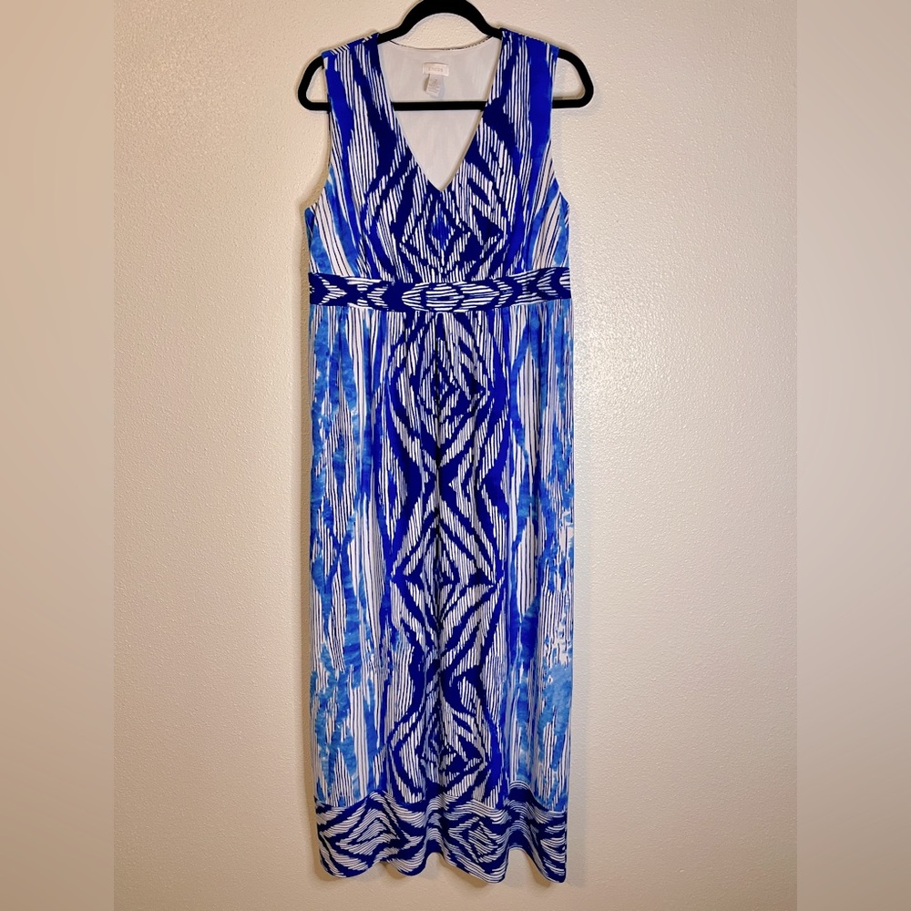 Chico's Sleeveless Blue Sleeveless Geometric Print Maxi Dress Wrinkle Free L/ 2